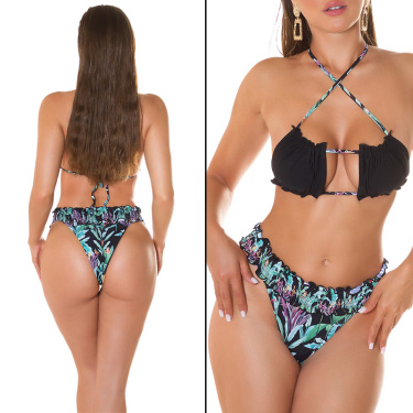 2 Piece Bikini Set with flower print Black